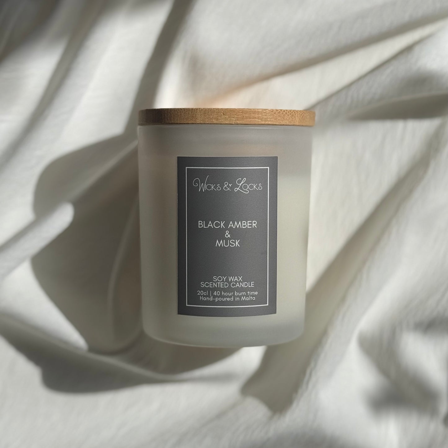 Black Amber & Musk | Luxury Scented Candle | Wicks & Locks | Malta