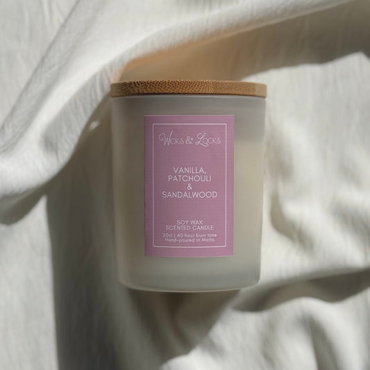 Vanilla, Patchouli & Sandalwood | Luxury Scented Candle | Wicks & Locks | Malta